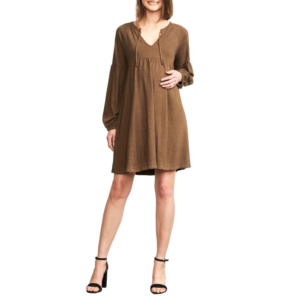 Maternal America Medium Dress Knee Length Brown Long Sleeve V-Neck Maternity